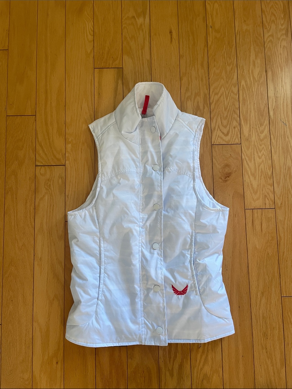 White Quilted Sleeveless Puffer Vest with Red Detail XS